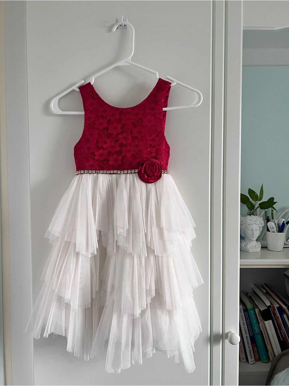 American Princess Burgundy Lace Bodice White Tiered Tulle Dress